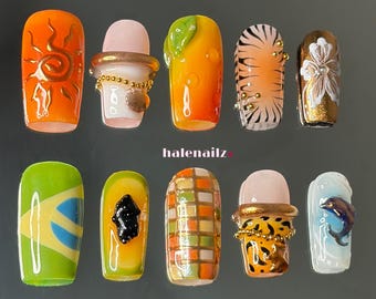 Tropical Press On Nails | Leopard Print Nails | 3D Dolphin Nails | Sunset Summer Nails | Handmade Gel Nail Set