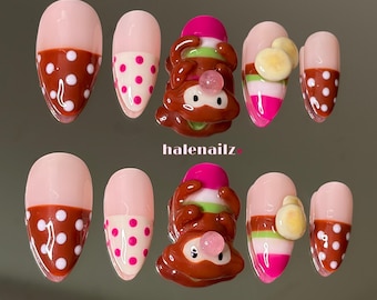 Monkey Hipper Press On Nails | Banana Nails | Kawaii Animal Nails | 3D Character Press Ons | Cute Handmade Gel Nail Set