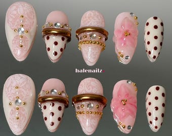 Coquette Press On Nails | Pink Lace Nails | 3D Flower Nails | Polka Dot Nails | Romantic Handmade Gel Nails | Press Ons Cute