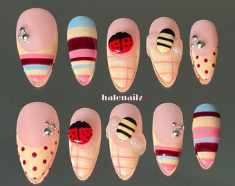 Bee & Ladybug Press On Nails | Cottagecore Nails | 3D Insect Nails | Spring Summer Press Ons | Strawberry Picnic Nails | Almond Gel Nails