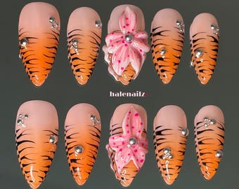 Tiger Lily Press On Nails, Orange Animal Print Nails, 3D Flower Nails, Tropical Floral Press Ons, Hand Painted Nails, Summer Vacation