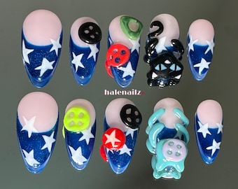 Coraline Press On Nails | 3D Sculpted Hippers | Movie Inspired Nails | Custom Handmade Press Ons | Coraline’s Cat | Star Press Ons