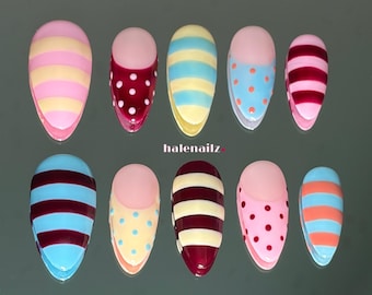 Handmade Gel French Tip Nails | Retro Candy Stripes, Polka Dots, Y2K Style