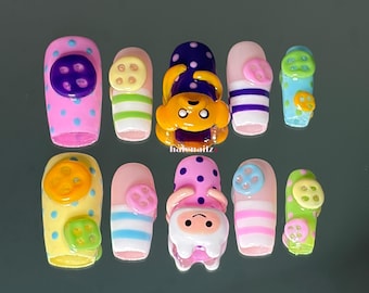 Adventure Time Inspired Press On Nails, Jake the Dog Nails, Kawaii Character Nails, 3D Character Press Ons, Handmade Gel Nails