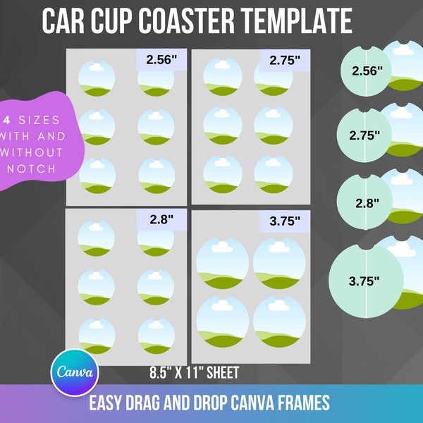 Car Coaster Template, Car Cup Coaster Template Bundle, Mockup Template, Editable Canva Frame, Car Cup Coaster Sublimation Prints