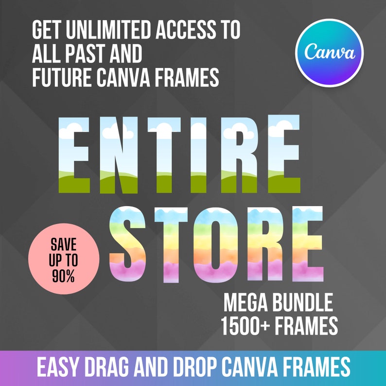 May include: A graphic design advertisement for Canva frames. The text reads "Get unlimited access to all past and future Canva frames. Entire Store. Save up to 90%. Mega Bundle 1500+ Frames. Easy drag and drop Canva frames."