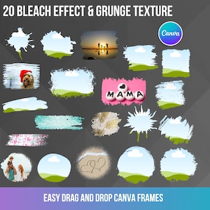 May include: Twenty digital frames with a grunge texture and bleach effect. The frames are in various shapes and sizes, including circles, squares, and rectangles. Some frames have a sky blue background with green grass, while others have a white background with a grunge texture. The frames are perfect for adding a vintage or distressed look to your photos.