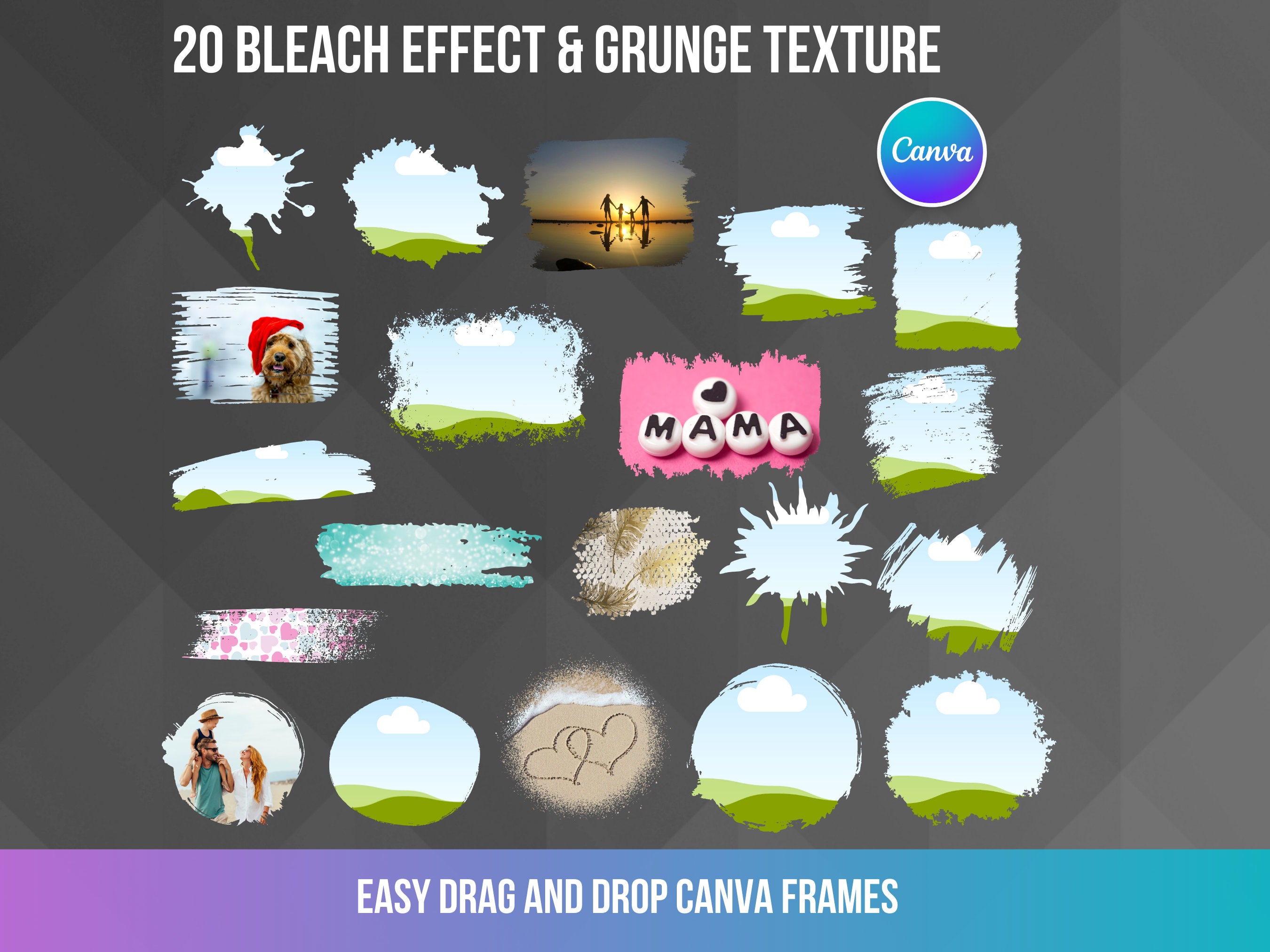 Canva Frames Bleach Effect and Grunge Texture Bundle, Editable Canva ...