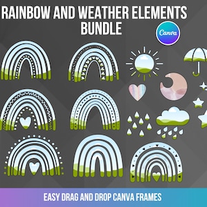 May include: A set of colorful rainbow and weather elements graphics for use in Canva. The set includes rainbows, clouds, hearts, stars, a sun, a moon, an umbrella, and raindrops. The graphics are in a cartoon style and are perfect for adding a touch of whimsy to your designs.
