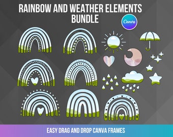 May include: A set of colourful rainbow and weather elements graphics for use in Canva. The set includes rainbows, clouds, hearts, stars, a sun, a moon, an umbrella, and raindrops. The graphics are in a cartoon style and are perfect for adding a touch of whimsy to your designs.