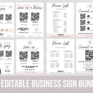 May include: A set of eight editable business sign templates. The signs feature a pink and black color scheme with a modern, minimalist design. The signs include options for "Thank You, Scan to Pay", "Leave Us a Review", "Price List", and "Connect With Us".