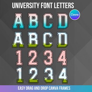 May include: University font letters in pink, blue, and green with a white background. The letters are A, B, C, D, 1, 2, 3, and 4. The letters are in a bold, blocky font. The letters are in a variety of styles, including a gradient, a cloud pattern, and a wave pattern. The letters are easy to drag and drop into Canva frames.