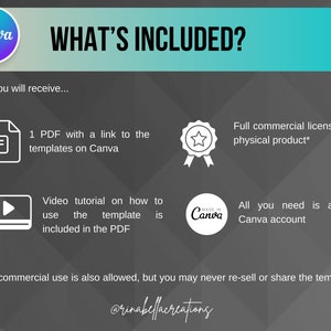 May include: A graphic with the text "WHAT'S INCLUDED?" and a list of items included in a Canva template. The items include a PDF with a link to the templates on Canva, a video tutorial on how to use the template, a full commercial license for physical products, and a free Canva account.