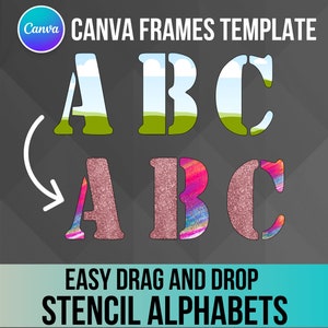 Canva フレーム ステンシル アルファベットと数字のフォント、編集可能なテンプレート、Canva フレーム フォント、独自のドラッグ アンド ドロップ テンプレートを入力、商用利用