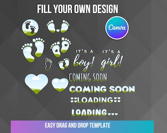 Baby Footprints Canva Frames, Baby Announcement Bundle Canva Frame Template, Gender Reveal, Editable, Drag and Drop Photo or Pattern