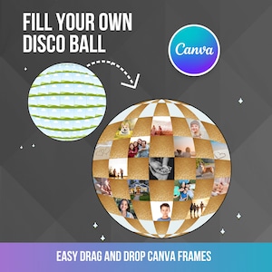 Op de afbeelding: Een grafische afbeelding die een aanpasbaar discobalontwerp promoot. De afbeelding toont een discobal met fotolijsten, een aparte discobalgrafiek en de tekst "FILL YOUR OWN DISCO BALL" en "EASY DRAG AND DROP CANVA FRAMES". Er is ook een Canva-logo aanwezig.