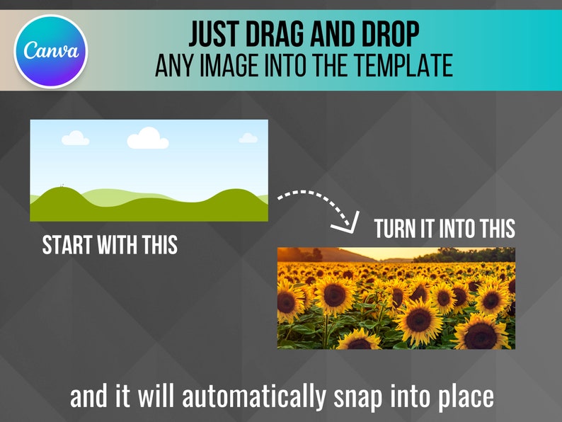 May include: A graphic showing how to use a Canva template. A simple cartoon landscape with hills and clouds is shown on the left. An arrow points to the right, where a photo of a field of sunflowers is shown. The text reads "JUST DRAG AND DROP ANY IMAGE INTO THE TEMPLATE" and "TURN IT INTO THIS".