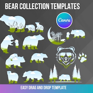 Bear Canva Frames, Bears, Mama bear and cub, Sunglasses, Bear Bundle, Editable, Drag and Drop Photo or Patterns, Digital Elements