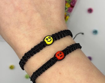 Handwoven Evil Eye Bracelet with Smiley Face Bead, Adjustable Red String