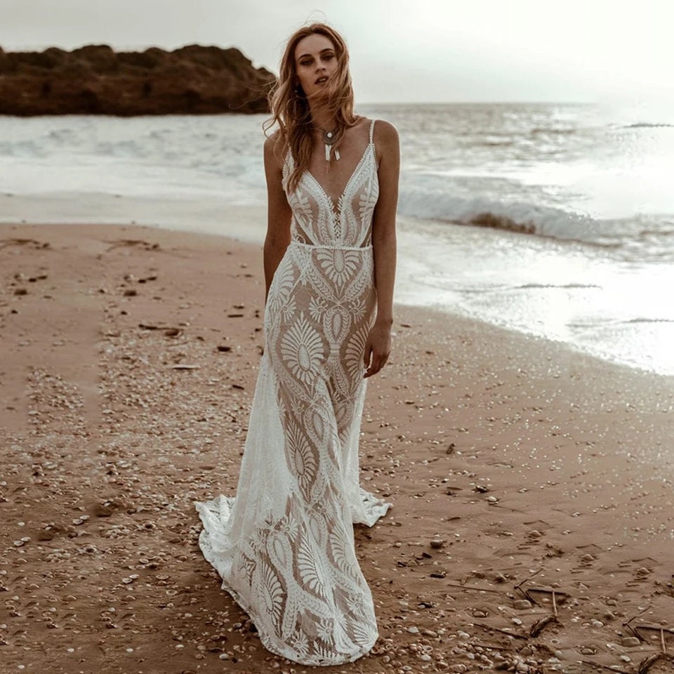 Personalised Boho Lace Deep V-neck Beach Wedding Dresses Bridal Gown