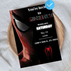 Könnte beinhalten: Schwarze und rote Geburtstagseinladung mit einem Spiderman-Motiv. Die Einladung lautet "You're invited to Michael's Birthday party Saturday May 14 4-8 PM 1290 N 56th St, PA 19231"