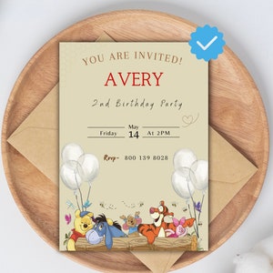 Winnie the Pooh Birthday Invitation, Classic Pooh Bear, Minimalist baby invitation, Bear invitation, bear invite, Boy Birthday Invitation
