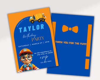 Construction Birthday Invitation: Blue & Orange Kids Theme (Digital Invitation)