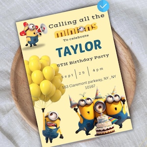 Minion-Geburtstagseinladung, Blaue und gelbe Geburtstagseinladung, Kinderthemaeinladung, kleine Geburtstagseinladung, digitale Einladung