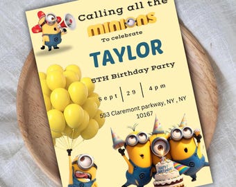 Puede incluir: Una invitación de cumpleaños amarilla y azul con los personajes de los Minions. La invitación dice "Calling all the minions to celebrate Taylor's 5th Birthday Party". La fiesta es el 29 de septiembre a las 4 pm en 553 Claremont Parkway, NY, NY 10167.