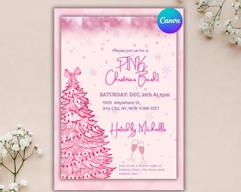 Puede incluir: Invitación rosa para una fiesta Pink Christmas Bash, con una ilustración de un árbol de Navidad rosa. La invitación incluye el texto "PINK Christmas Bash!" y los detalles del evento. El logotipo de Canva está en la esquina superior derecha.