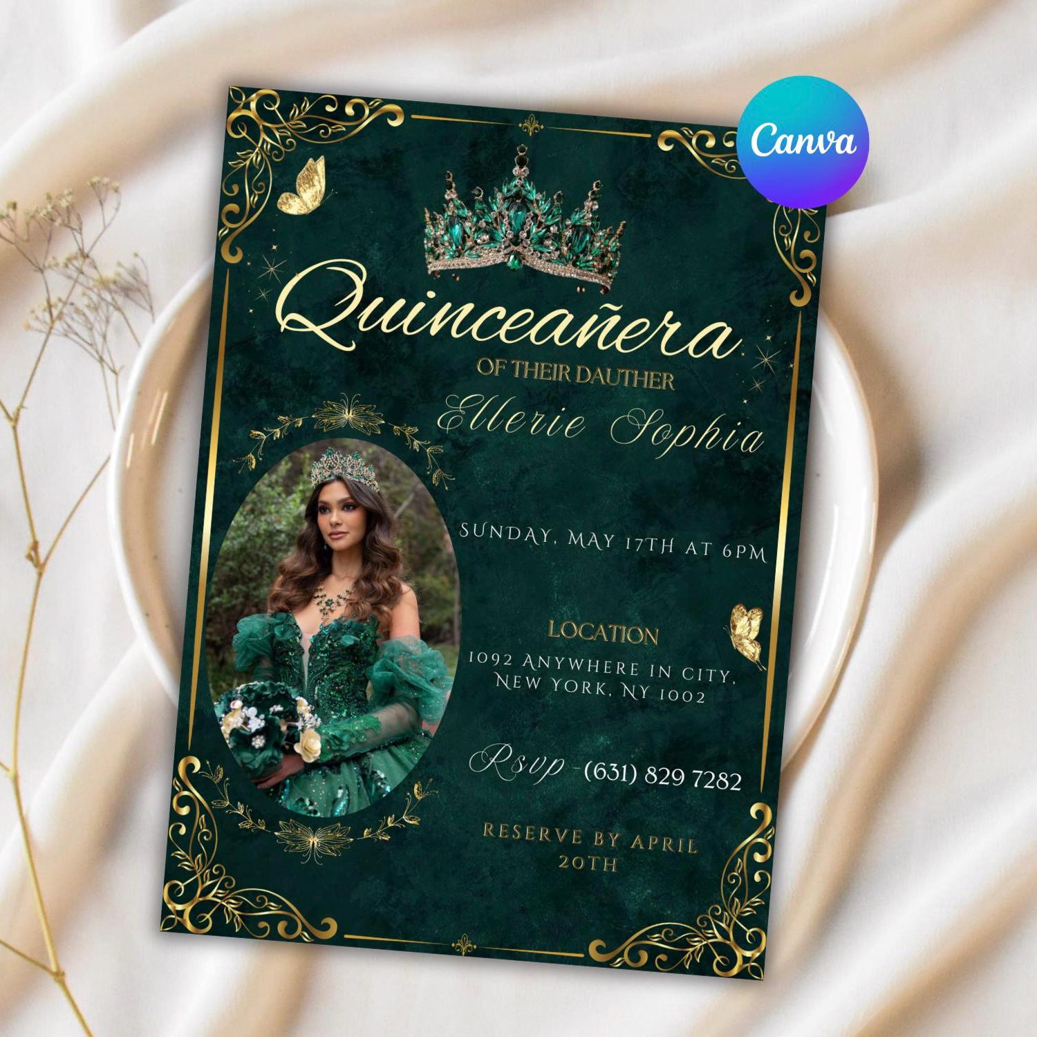 Emerald Green Quinceañera Invitation (digital Download) - Etsy