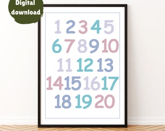 May include: A printable poster with numbers 1 through 20 in a colorful design. The numbers are in a variety of pastel colors, including pink, blue, and green. The poster is framed in a black frame and is hanging on a white wall.