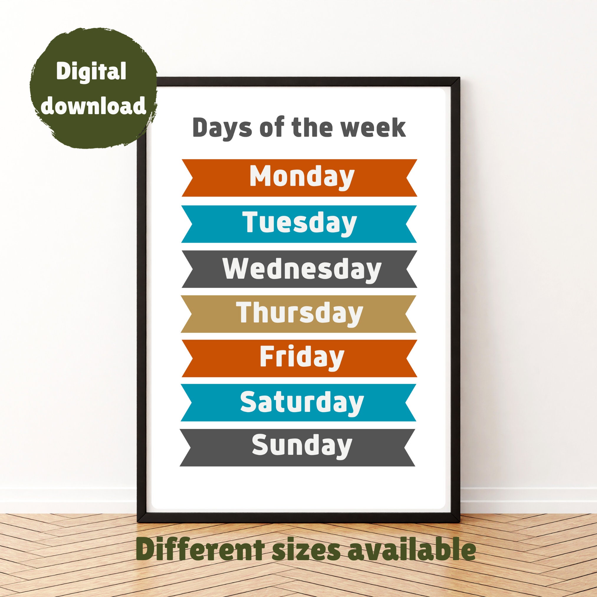 Days of the Week Poster Educational Wall Art Homeschool Kindergarten ...