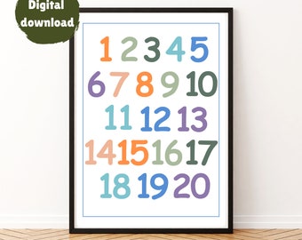 May include: A printable poster with the numbers 1 through 20 in a colorful, playful font. Each number is a different color, with shades of blue, green, orange, and purple.