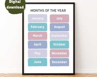 May include: A printable chart with the months of the year listed in a grid. Each month is written in white text on a colored rectangle. The colors alternate between light pink, light blue, and light purple. The chart is framed in black and has the text "MONTHS OF THE YEAR" at the top. The text "Different sizes available" is at the bottom.
