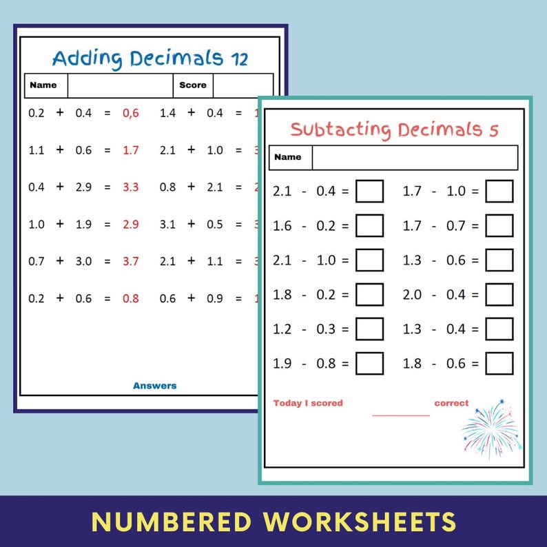 40 Printable Maths Decimals Worksheets, Addition, Subtraction, 1 ...