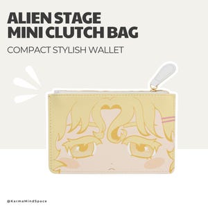 May include: A light yellow mini clutch bag with a cartoon illustration of a character's face. The bag has a zipper closure and the text "ALIEN STAGE MINI CLUTCH BAG COMPACT STYLISH WALLET".
