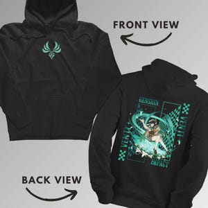 May include: Black hoodie with a front and back view. The front features a teal emblem. The back displays a graphic with the text "Genshin Impact" and "Venti" with a character illustration in teal and white.