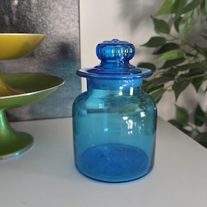Vintage Blue Glass Lidded Canister | Takahashi | Apothecary Jar | Daisy | Made in Japan