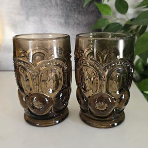 RARE Vintage Moon & Star Smoke Brown Glass Tumbler | Set of 2 | LE Smith | Water Glasses | Pressed Glass | HTF