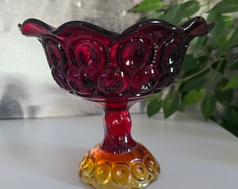 Vintage Moon and Star Amberina Open Compote | L.E. Smith | Pressed Glass | Ruffle | Pedestal | Red, Yellow | GLOWS | MCM | 60s