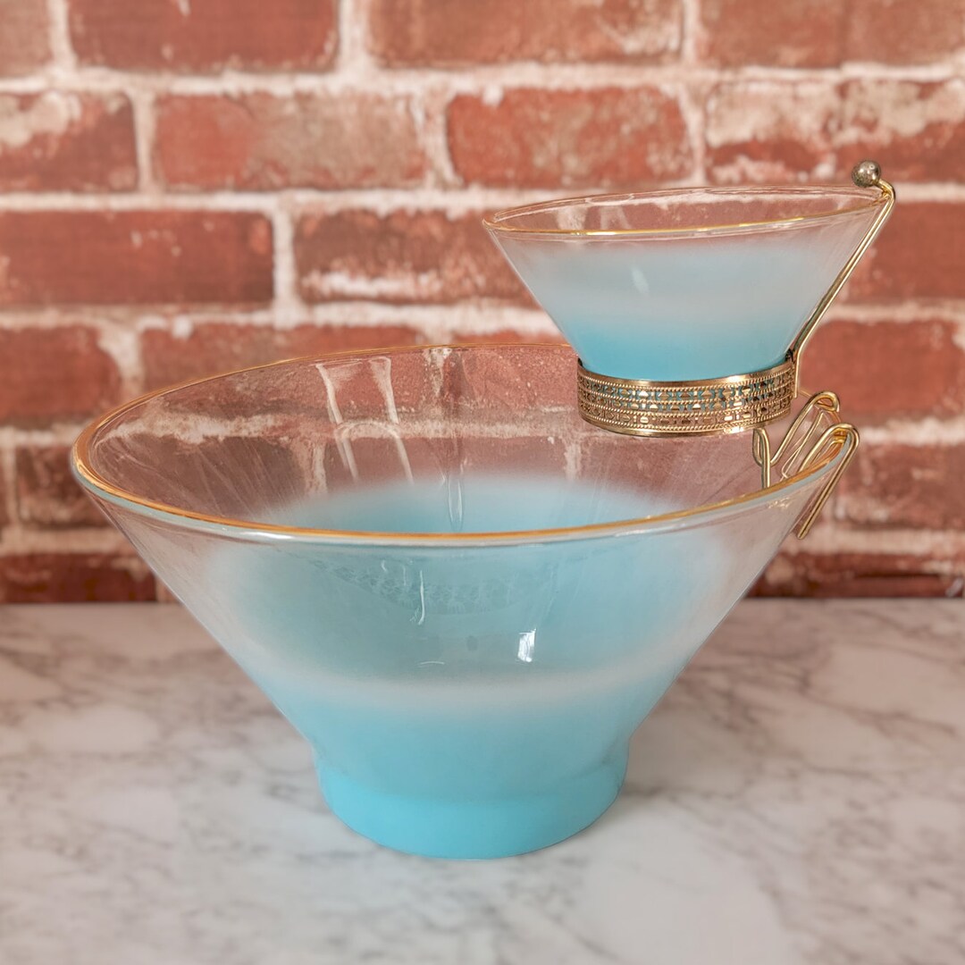 Vintage BLENDO Blue Frosted Glass Chip 'n Dip Set West Etsy