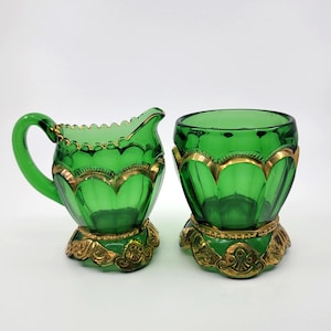 Antique Riverside Empress Emerald Green Cream & Sugar Set | EAPG | Gold Trim | Set of 2 | Vintage | Early American Pattern Glass | 1800s