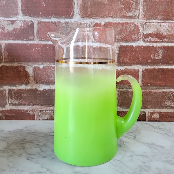 Vintage BLENDO Lime Green Frosted Pitcher | West Virginia Glass | Gold Band | 50s | MCM, Mid Century