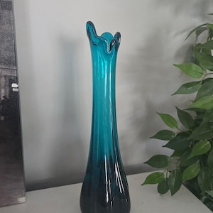 Vintage Viking Glass Six Petal Swung Vase | Early Bluenique | Teal | Ground Bottom | Epic | Collectible Glass | MCM