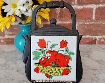 Vintage Apple Teapot Cast Iron Trivet | Hot Plate | Tile | Fruit Basket | Floral