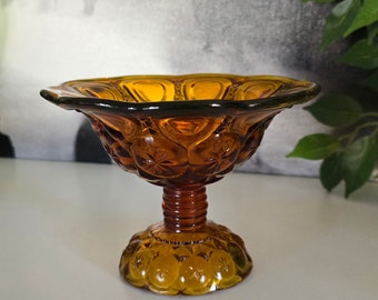 Vintage Moon and Star Amber Glass Compote | Kanawha | Pressed Glass | Pedestal | Beehive | MCM | 60s