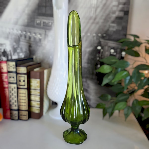 Vintage L.E. Smith Six Petal 15.5" Swung Vase | Avocado Green | Glass Vase | Pedestal | MCM