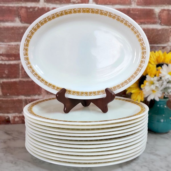 Vintage Pyrex Tiburon Oval 12.25" Dinner Plate | Brown Flower | Tableware by Corning | 799-24 | Restaurant | Milk Glass | Gold Scroll | 70s