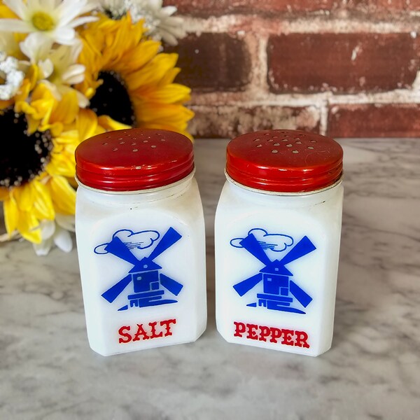 Vintage Hazel Atlas Milk Glass Salt and Pepper Shakers | Blue Windmill | Red Cap | Electric Enterprises | Bethlehem PA | Pennsylvania | 50s